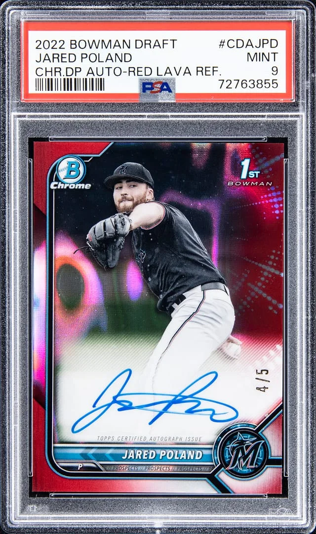 2022 Bowman Draft Jared Poland Chrome Draft Pick Autograph - Red Lava Refractor #CDAJPD card image
