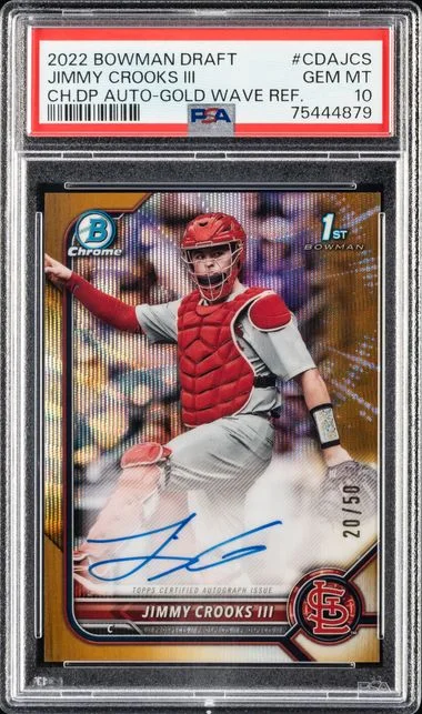 2022 Bowman Draft Jimmy Crooks III Chrome Draft Pick Autographs Gold Wave Refractor #CDA-JCS card image