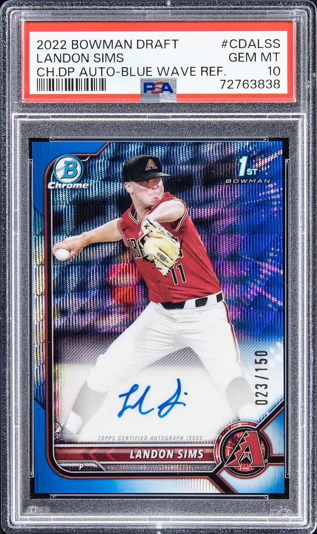 2022 Bowman Draft Landon Sims Chrome Draft Pick Autograph - Blue Wave Refractor #CDALSS card image