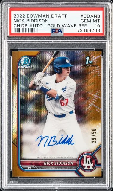 2022 Bowman Draft Nick Biddison Chrome Draft Pick Autographs Gold Wave Refractor #CDA-NB card image