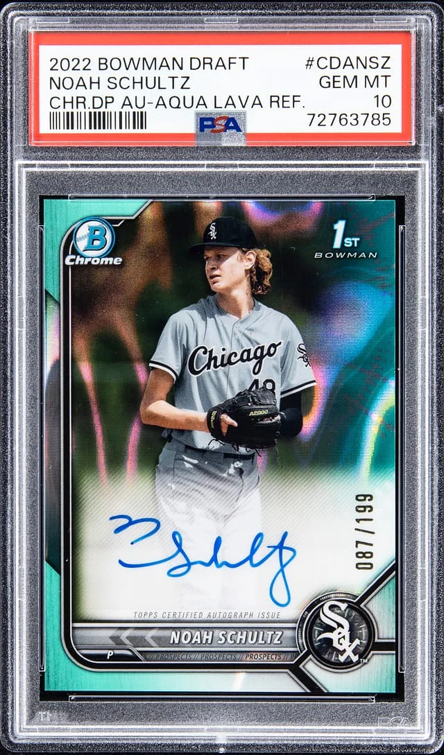 2022 Bowman Draft Noah Schultz Chrome Draft Pick Autograph - Aqua Lava Refractor #CDANSZ card image