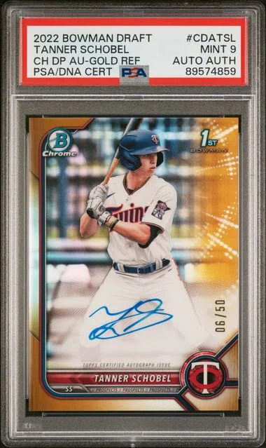 2022 Bowman Draft Tanner Schobel Chrome Draft Pick Autographs Gold Refractor #CDA-TSL card image