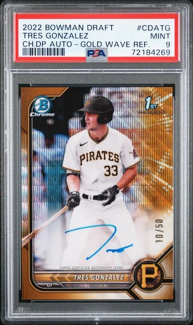 2022 Bowman Draft Tres Gonzalez Chrome Draft Pick Autographs Gold Wave Refractor #CDA-TG card image