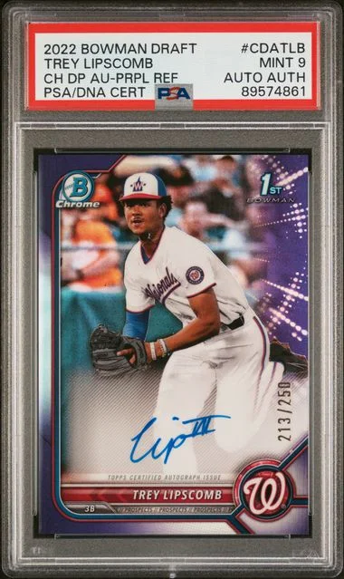 2022 Bowman Draft Trey Lipscomb Chrome Draft Pick Autographs Purple Refractor #CDA-TLB card image