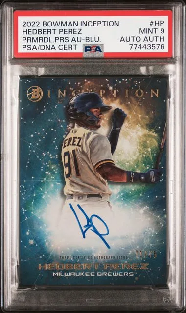 2022 Bowman Hedbert Perez Inception Primordial Prospects Autographs Blue Foil #HP card image