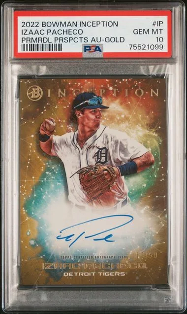 2022 Bowman Izaac Pacheco Inception Primordial Prospects Autographs Gold Foil #IP card image