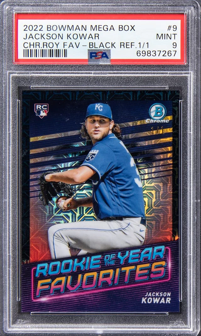 2022 Bowman Jackson Kowar Mega Box Chrome of the Year Favorites Black Refractor #ROYF-9 card image