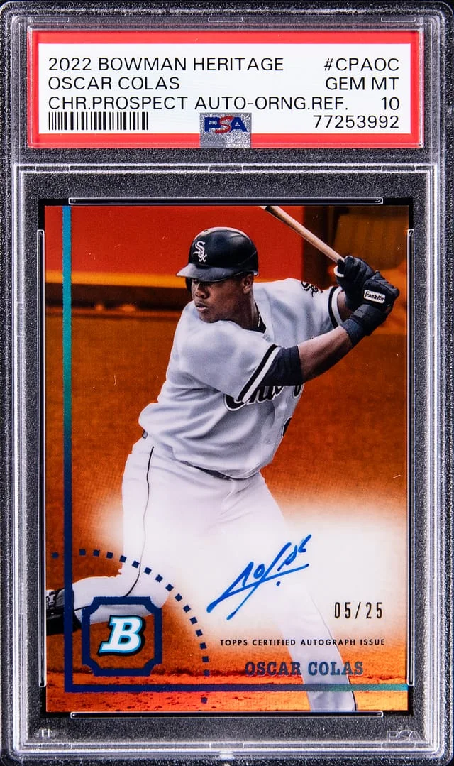 2022 Bowman Oscar Colas Heritage Chrome Prospect Autograph Orange Refractor #CPAOC card image