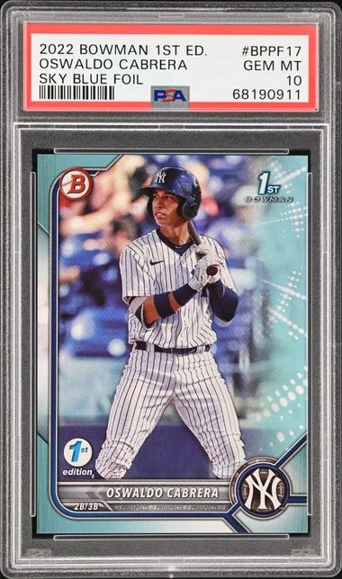 2022 Bowman Oswaldo Cabrera 1st Edition Sky Blue Foil #BPPF-17 card image