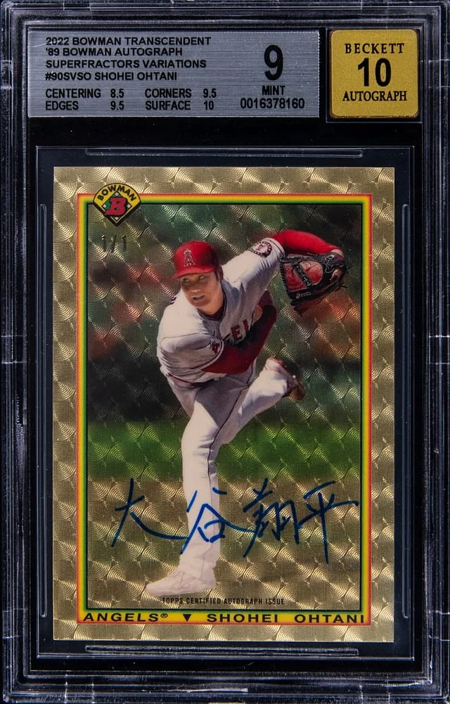 2022 Bowman Shohei Ohtani, Transcendent '89 Bowman Autographs SuperFractor Variation #90SV-SO card image
