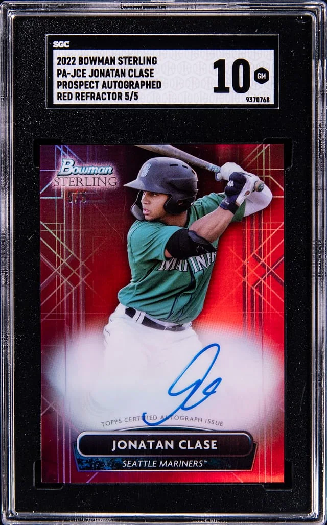 2022 Bowman Sterling Jonatan Clase Prospect Autographed Red Refractor #PA-JCE card image