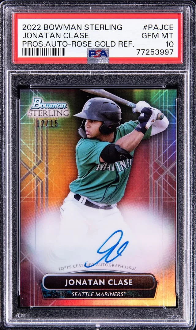 2022 Bowman Sterling Jonatan Clase Prospect Autograph Rose Gold Refractor #PAJCE card image