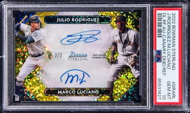 2022 Bowman Sterling Julio Rodriguez/Marco Luciano Dual Autograph Canary Diamond Refractor #DRA-RL card image