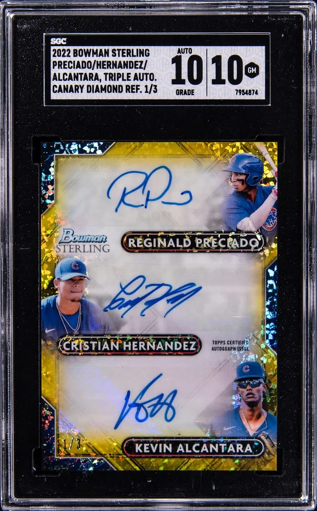 2022 Bowman Sterling Reginald Preciado/Cristian Hernandez/Kevin Alcantara Multi-Signed Triple Autograph Canary Diamond Refractor #TRA-PHA card image