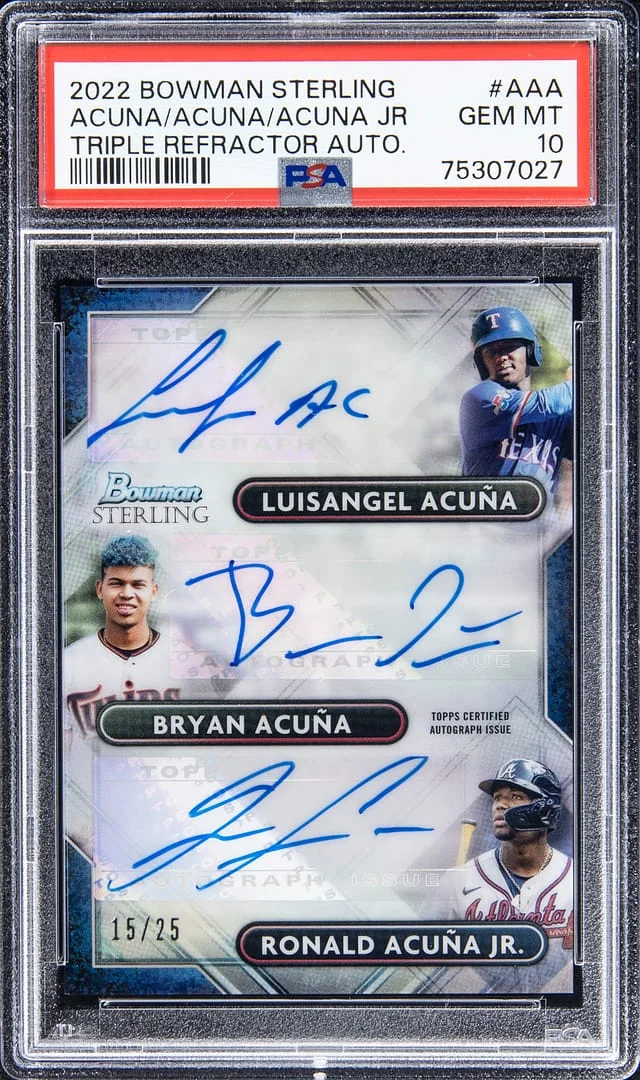 2022 Bowman Sterling Ronald Acuna Jr./Bryan Acuna/Luisangel Acuna Triple Triple Refractor Autograph #TRA-AAA card image