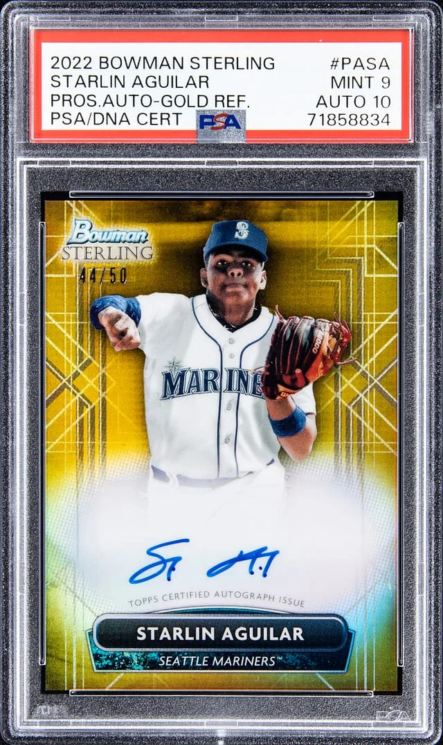 2022 Bowman Sterling Starlin Aguilar Prospect Autograph Orange Refractor #PASA card image