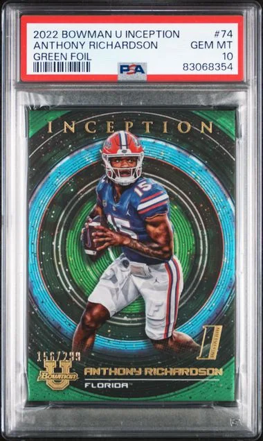 2022 Bowman University Anthony Richardson Inception Green Foil #74 card image