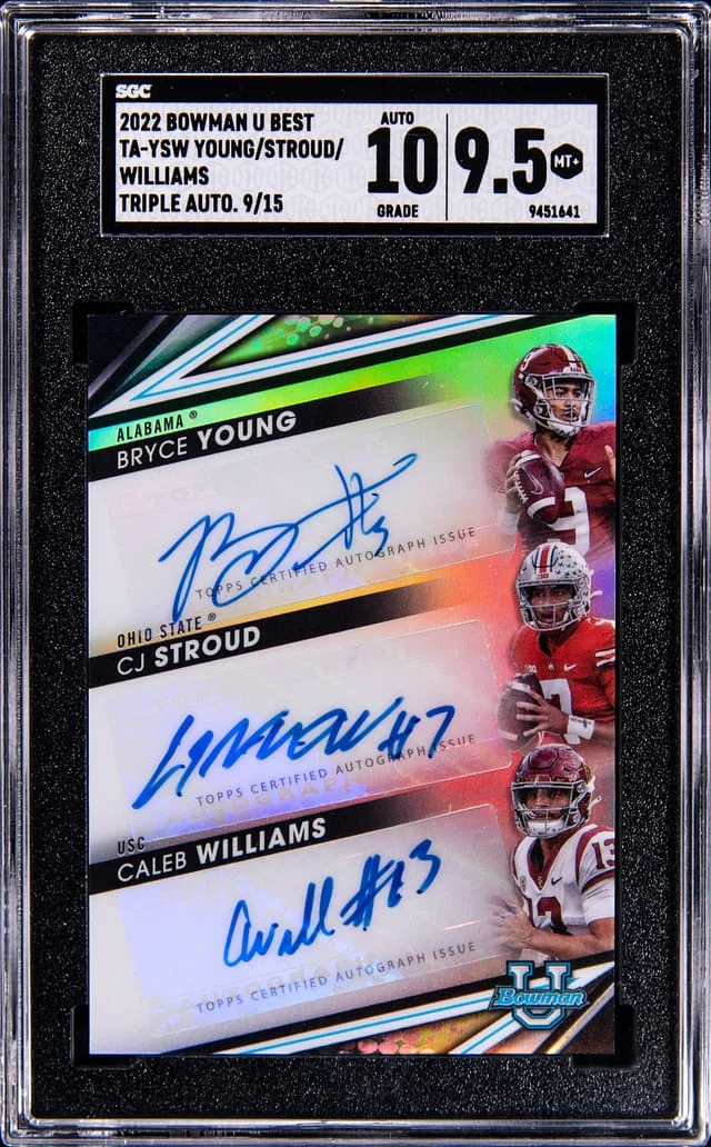 2022 Bowman University Best Bryce Young/CJ Stroud/Caleb Williams Multi-Signed Triple Autographs #TA-YSW card image