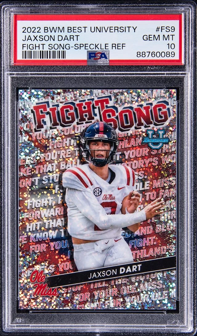 2022 Bowman University Best Jaxson Dart Fight Song Speckle Refractor #FS9 card image
