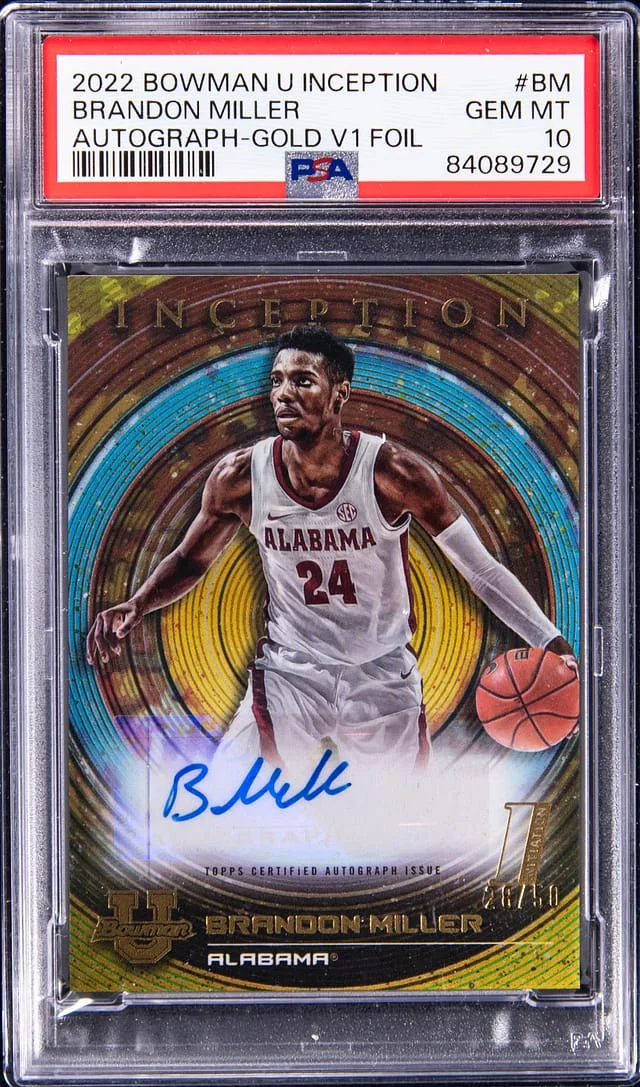 2022 Bowman University Brandon Miller Inception Autograph Gold V1 Foil #BM card image