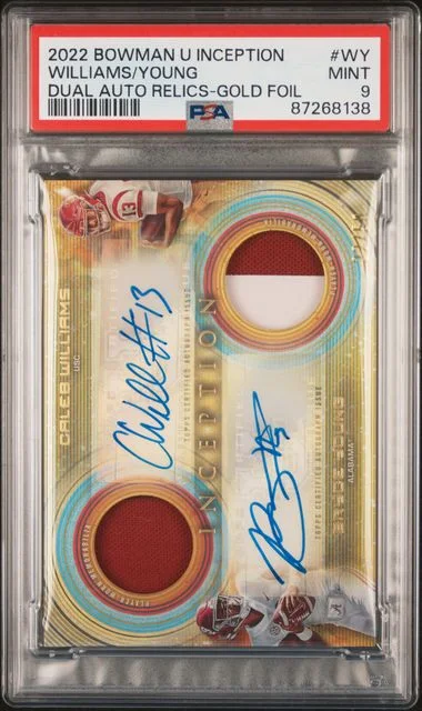 2022 Bowman University Bryce Young/Caleb Williams Inception Dual Autograph Relics Gold Foil #WY card image