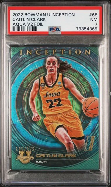 2022 Bowman University Caitlin Clark Inception Aqua V2 Foil #68 card image