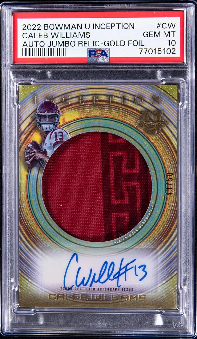 2022 Bowman University Caleb Williams Inception Autograph Jumbo Relic #CW card image