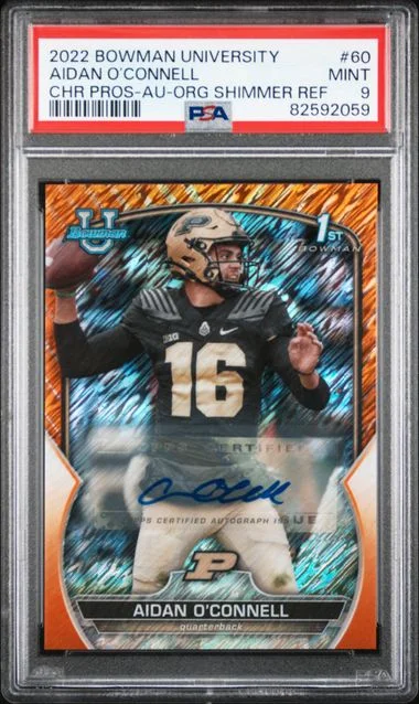 2022 Bowman University Chrome Aidan O’Connell Prospects Autograph-Orange Shimmer Refractor #60 card image