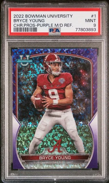 2022 Bowman University Chrome Bryce Young Prospects Purple Mini-Diamond Refractor #1 card image