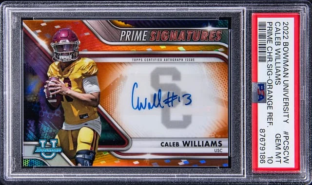 2022 Bowman University Chrome Caleb Williams Prime Signatures Orange Refractor #PCSCW card image