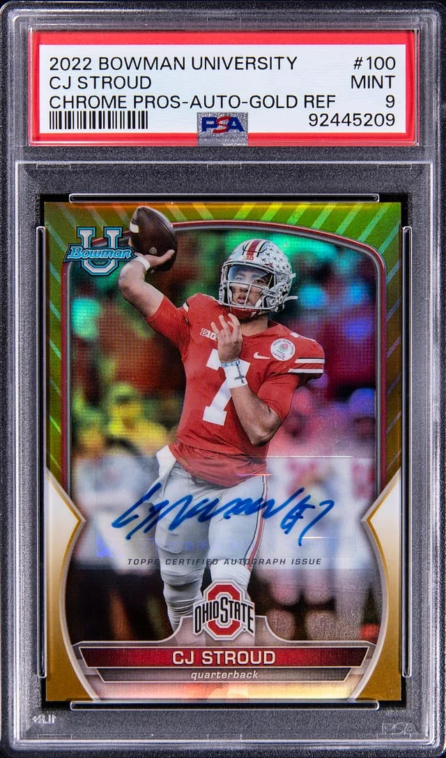 2022 Bowman University Chrome CJ Stroud Prospect Autograph Gold Refractor #100 card image