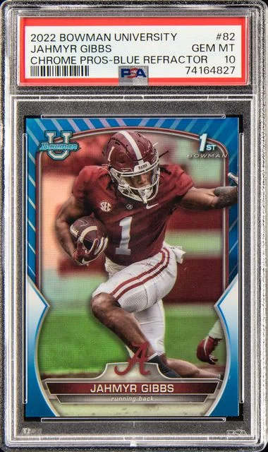 2022 Bowman University Chrome Jahmyr Gibbs Prospects Blue Refractor #82 card image