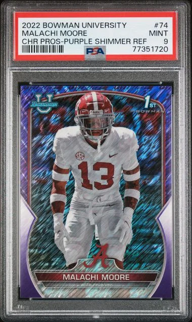 2022 Bowman University Chrome Malachi Moore Prospects Purple Shimmer Refractor #74 card image