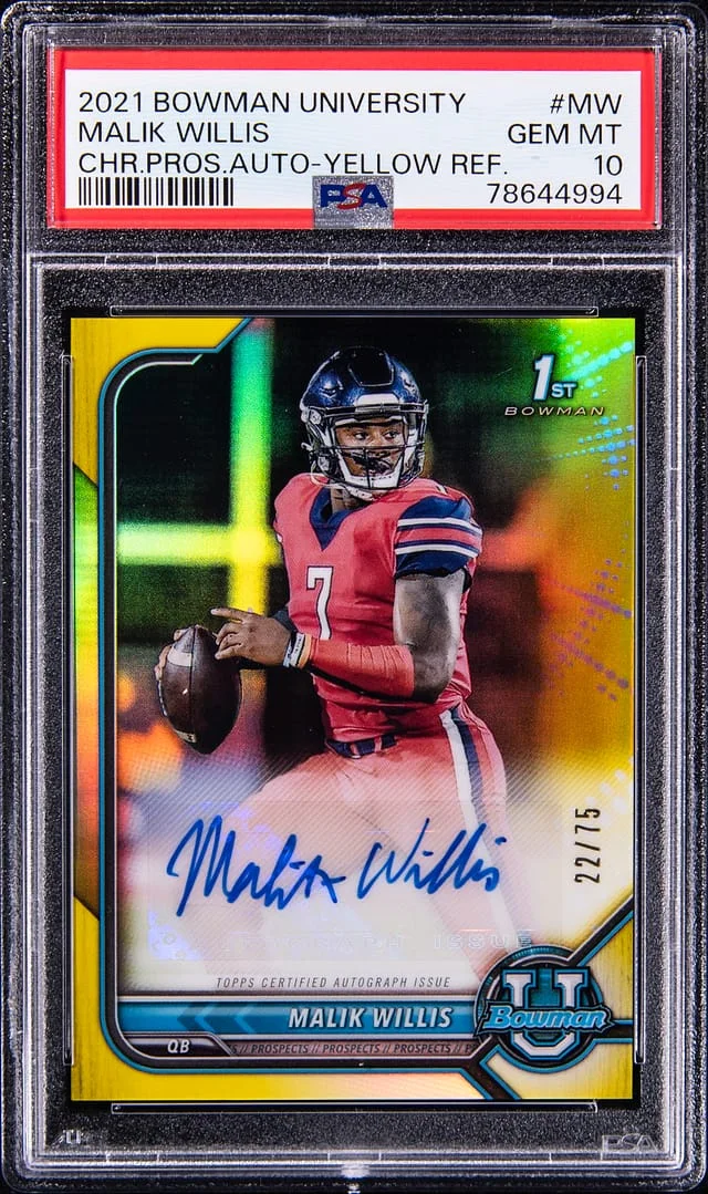 2022 Bowman University Chrome Malik Willis Prospects Autograph Yellow Refractor #BCPA-MW card image