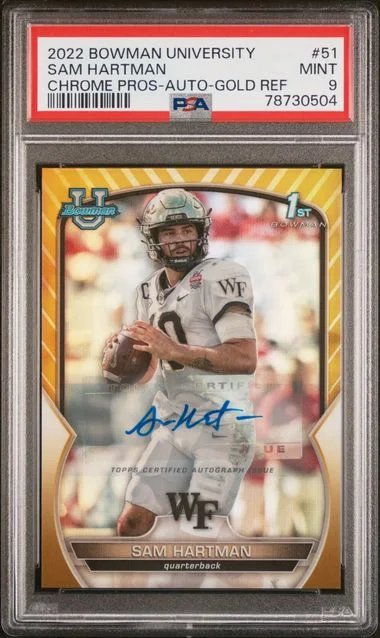 2022 Bowman University Chrome Sam Hartman Prospects Autograph-Gold Refractor #51 card image