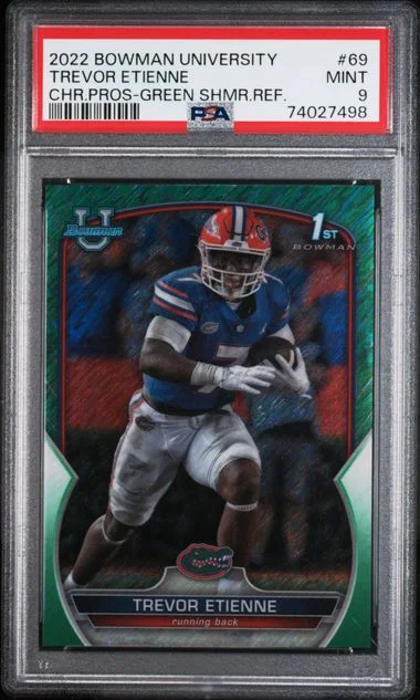 2022 Bowman University Chrome Trevor Etienne Prospects Blue Raywave Refractor #69 card image