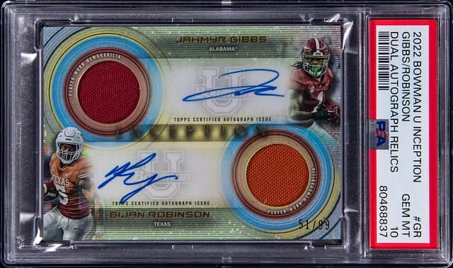 2022 Bowman University Jahmyr Gibbs/Bijan Robinson Inception Dual Autograph Relics #DADR-GR card image
