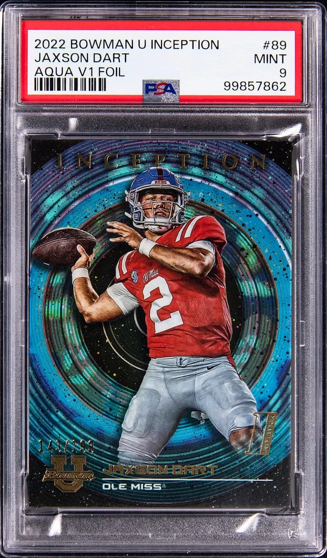 2022 Bowman University Jaxson Dart Inception Aqua V1 Foil #89 card image