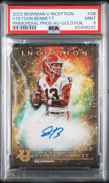 2022 Bowman University Stetson Bennett Inception Primordial Prospect Autographs Gold Foil #SB card image