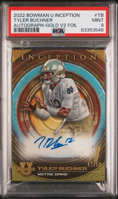 2022 Bowman University Tyler Buchner Inception Autographs Gold V2 Foil #TB card image