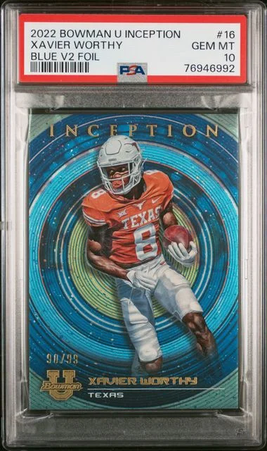 2022 Bowman University Xavier Worthy Inception Blue V2 Foil #16 card image
