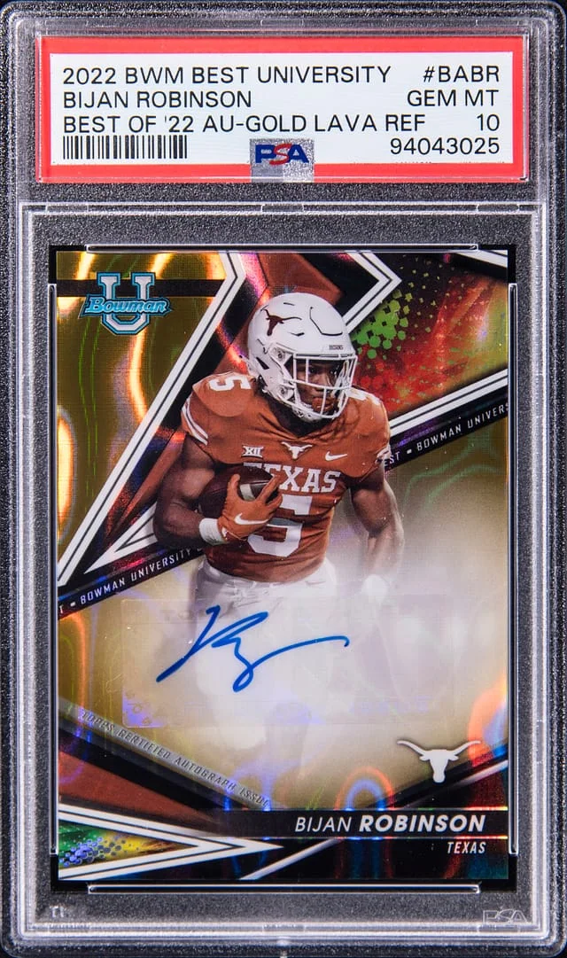 2022 Bowman's Best Bijan Robinson University Best of '22 Autographs Gold Lava Refractor #BA-BR card image