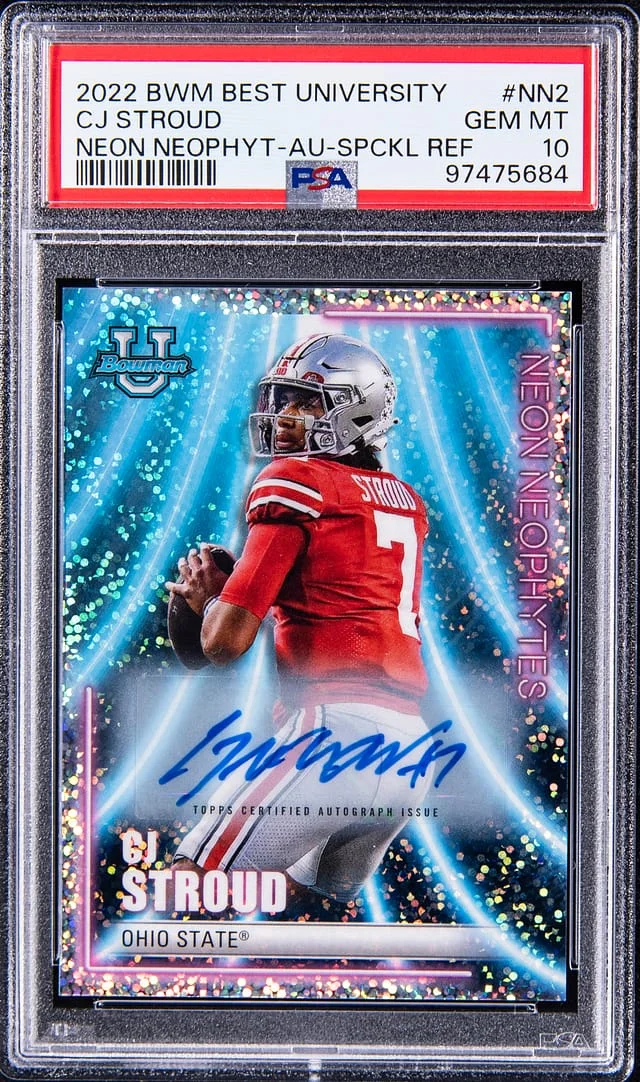 2022 Bowman's Best CJ Stroud University Neon Neophyt Autograph Speckle Refractor #NN-2 card image