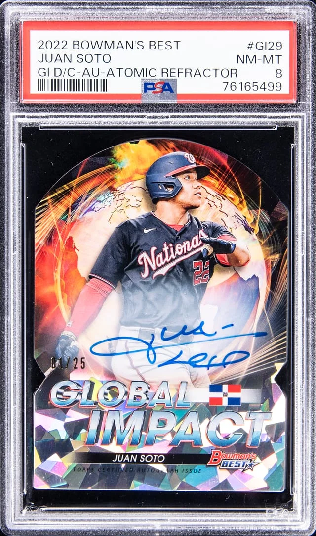 2022 Bowman's Best Juan Soto Global Impact Die-Cut Autograph Atomic Refractor #GI29 card image