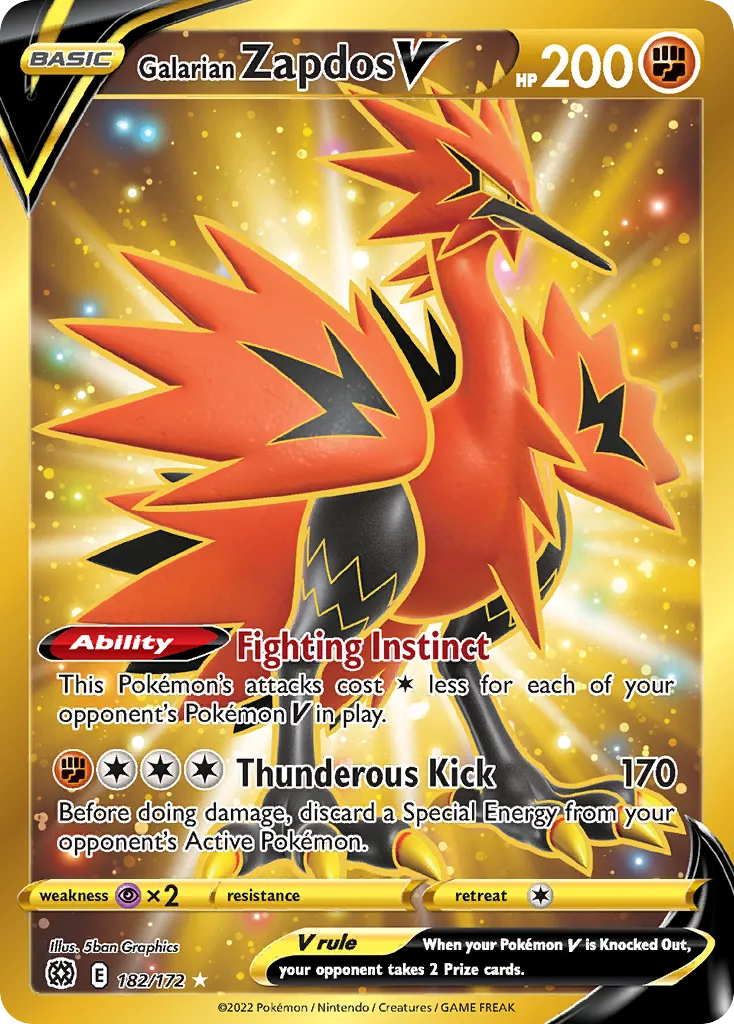 2022 Brilliant Stars Galarian Zapdos V #182/172 Rare Secret card image