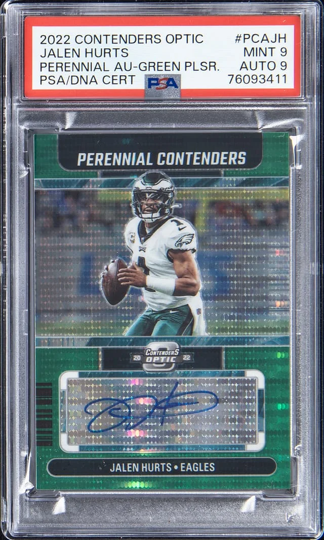 2022 Contenders Optic Jalen Hurts Perennial Autograph - Green Pulsar #PCAJH card image