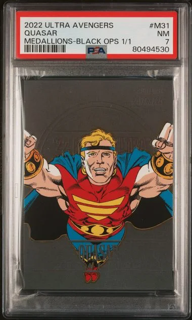 2022 Fleer Ultra Avengers Quasar Medallions Black Ops 1/1 #M31 card image