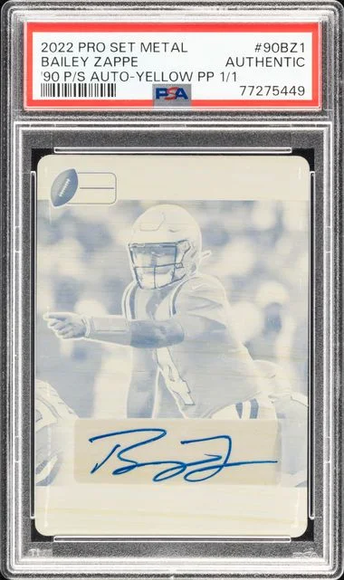 2022 Leaf Bailey Zappe Pro Set Metal 1990 Pro Set Autographs Yellow Printing Plate #90-BZ1 card image