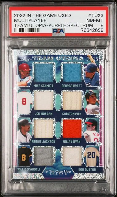 2022 Leaf Carlton Fisk/Don Sutton/George Brett/Joe Morgan/Mike Schmidt/Nolan Ryan/Reggie Jackson/Willie Stargell In The Game Used Team Utopia Purple Spectrum #TU23 card image