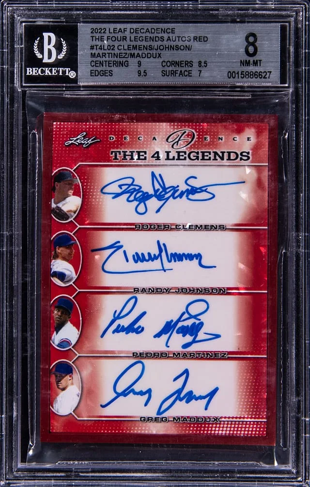 2022 Leaf Clemens/Johnson/Martinez/Maddux Multi-Signed Decadence The Four Legends Autograph Red #T4L02 card image
